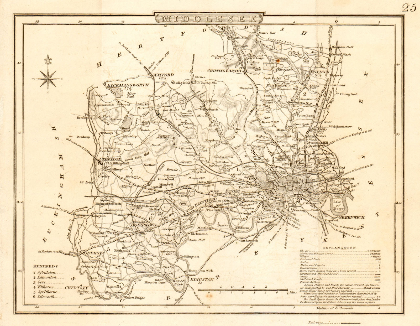 Antique county map of MIDDLESEX by George COLE & John ROPER c1835 old